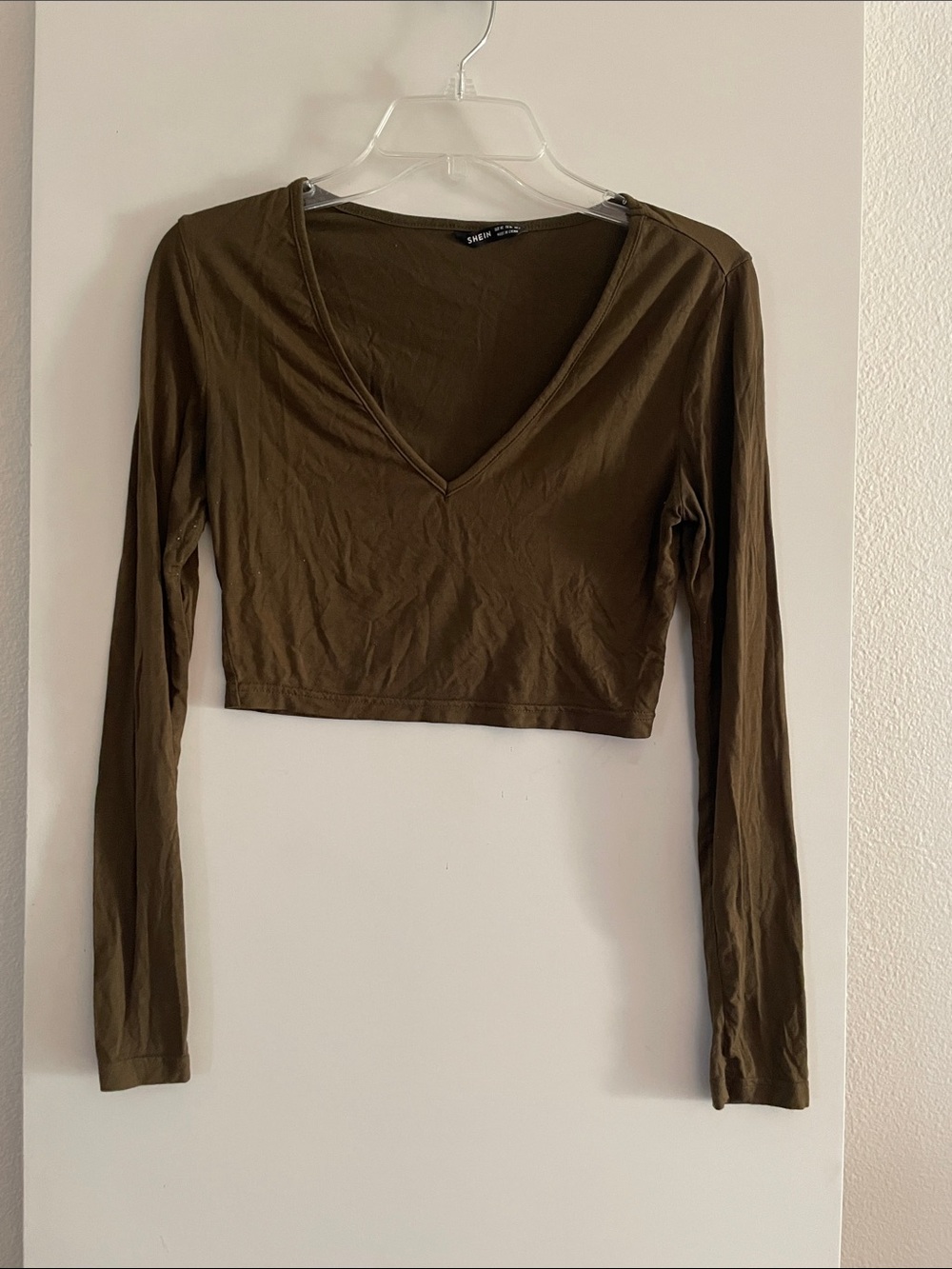 SHEIN Brown Long Sleeve Cropped T Shirt Top V or Crew Neck Reversible